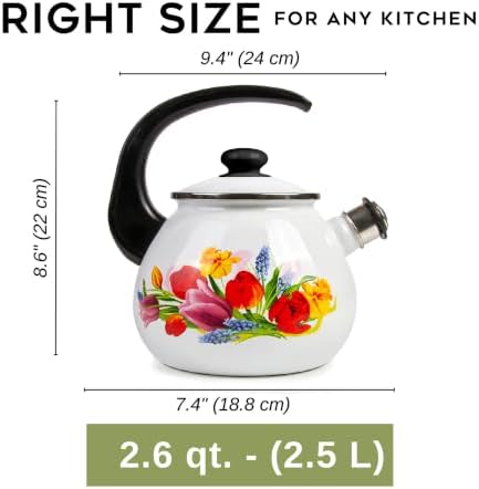 Enamel Kettle with Whistle 2.7 Qt (2.5 L) Stovetop Kettle with Ergonomic Handle, Enameled Steel Tea Pot for Stove Top, Vintage Kitchen Tea Kettle, Dishwasher and Induction Safe (Spring Bouquet) - Image 6