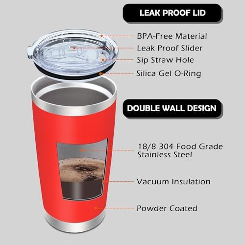 AIANJI 20oz Tumbler with Lid Stainless Steel Tumblers Insulated Mug Red 6P - Image 3