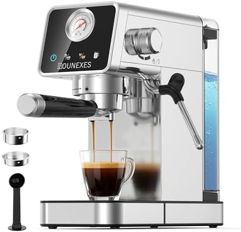 20 Bar Espresso Machine with Milk Frother, Semi-Automatic Espresso Machine with Pressure Gauge & Touchscreen, Compact Stainless Steel Espresso Maker for Home & Office, 51mm Portafilter, Silver by ROUNEXES