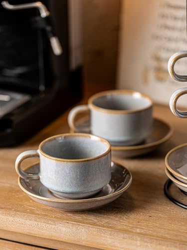 Gomakren 6oz Stackable Cappuccino Cups Set of 4 with Saucers & Stand, Gray - Image 4