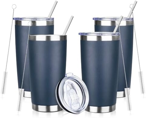 20oz Tumbler with Straw and Brush, Stainless Steel Vacuum Insulated tumbler, Double Wall Insulated Coffee Tumbler for Outdoor, Home, Travel,Office (Navy Blue,4pcs) by ATIKZHE