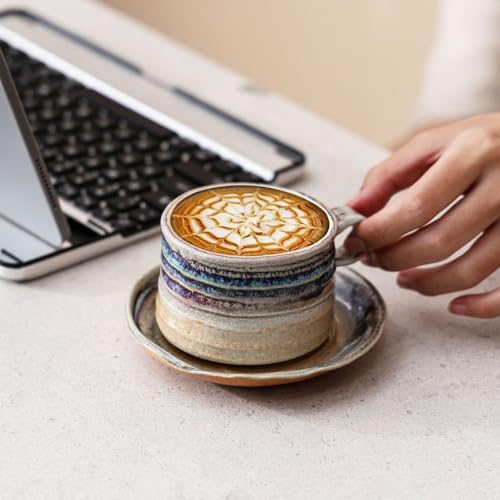 Premium Boutique Luxury Vintage Espresso Cups Set Coffee Mug Ceramic Tea Cup Comfy Handle (Wabi-Sabi Green High Foot Set) - Image 5