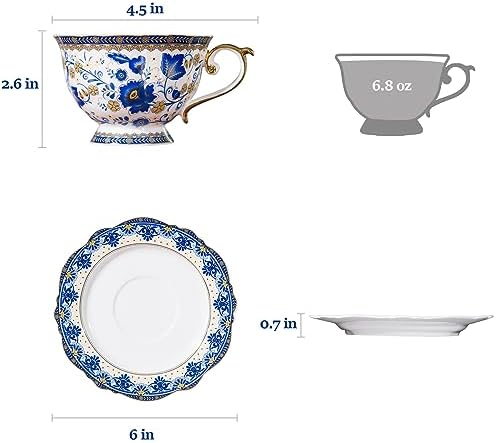 ACMLIFE Bone China Tea Cups and Saucers, 6.8 oz Tea Cup and Saucer Set, with Gold Trim and Gift Box, Blue and White (Blue-D) - Image 6
