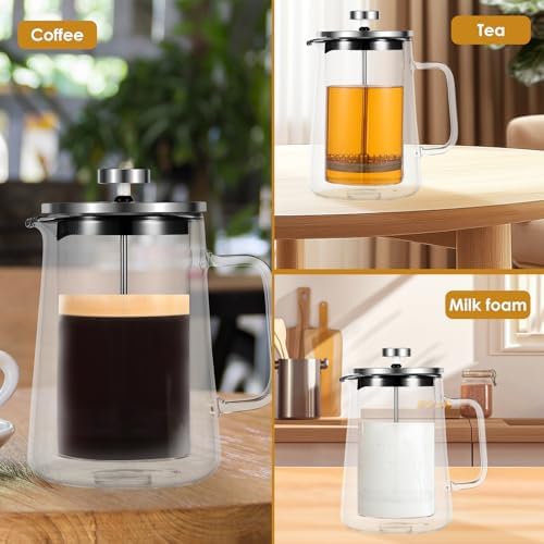 French Press Coffee Maker, Double Wall Glass French Press, French Press Tea Maker, Insulated Glass Tea Press, Clear Coffee Press, Multifunctional Coffee Press Coffee Maker for Home Office (35 oz) - Image 3