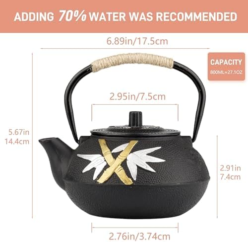 Cast Iron Teapot,SECHUDO Tea Kettle,Japanese Cast Iron Teapot with Stainless Steel Infuser for Stovetop Safe (Black and Colored, 800ML) - Image 4