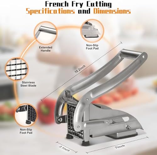 French Fry Cutter, Dishwasher Safe Potato Slicer with 1/2" & 3/8" Blades, Non-Slip Suction Base, Stainless Steel Manual French Fries Cutter for Potato, Carrot, Cucumber and Homemade Fries - Image 4