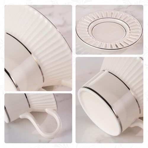 Tea Cups and Saucers Set of 2, 6.7oz Stackable Porcelain Coffee Cup, YFH8+9 - Image 4