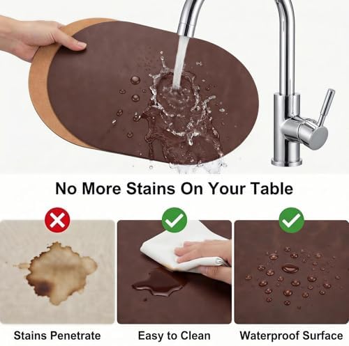 Premium Oval Faux Leather Placemat & Coaster Set with Innovative Cork-Look Printed Base，4/6/8-Piece Sets & 8 Colors，Non-Slip Dining Table Mats for Kitchen Dining - Image 3