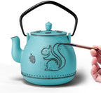 Toptier Teapot with Removable Infuser, Cast Iron Tea Kettle Stovetop Safe, Squirrel Design Tea Pot Coated with Enameled Interior for 32 Ounce (950 ml), Blue by toptier