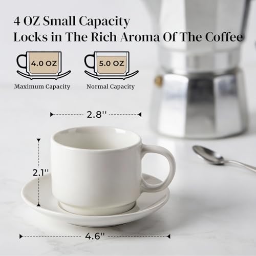 DOWAN 4 Ounce Stackable Espresso Cups, Porcelain Espresso Cups with Saucers Set of 4, White Espresso and Tea Cups for Home, Office and Cafe Use - Image 2