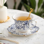 Country Roses Porcelain Tea Cup and Saucer Set with Gold Trim, Vintage Style, For Women and Tea Parties (6, Cyan) - Image 3