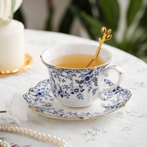 Country Roses Porcelain Tea Cup and Saucer Set with Gold Trim, Vintage Style, For Women and Tea Parties (6, Cyan) - Image 3