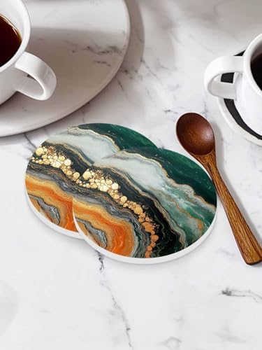 Coasters for Drinks Set of 8 Green Ombre Gradient Yellow Marble Texture Wave Natural Texture Ceramic Cup Mat, Absorbent Ceramic Stone Coasters with Cork Base for Coffee Cups Table Home Decor 4 Inch - Image 3
