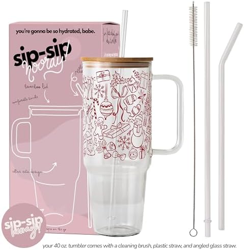 Sip-Sip Hooray! Christmas Line Doodle 40oz Glass Tumbler with Lid and Straw - Image 4