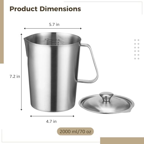 Stainless Steel Pitcher with Lid, 2 L/70 oz Measuring Cup with Dual-Scale Markings, Milk Frothing Jug, Large Beaker for Espresso Machine, Hot/Cold Water, Latte Art, Iced Tea, Coffee Drinks - Image 5