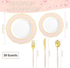 WDF 30Guest Pink Plates Disposable - Hign-end Baroque Design - Gold Plastic Silverware with Handle-Baroque Pink &Gold Plastic Dinnerware for Baby Shower/Wedding/Birthday/Summer Party - Image 3