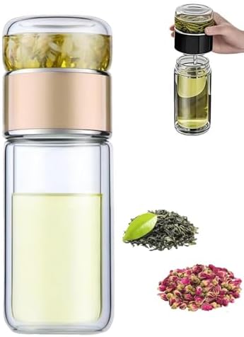 Glass Infuser Tea Cup, 3-in-1 Design with Built-in Filter, Double Layer Insulated Tea Bottle with Lid, Portable Loose Leaf Tea Steeper for Home Travel Office Use by Unknown
