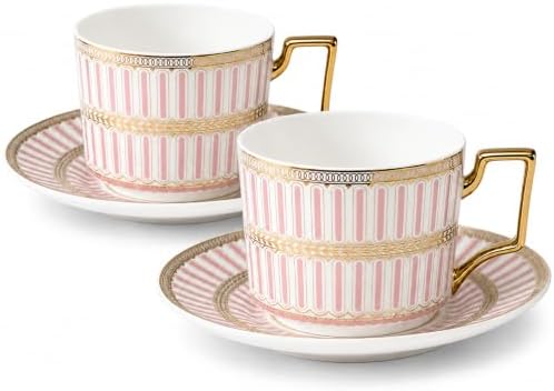 8.45oz European Ceramic Coffee Cup & Saucer Set of 2 with Handle & Gold Spoons, Stripe with Gold Accents, for Latte, Tea, Cappuccino, Gift Boxed for Tea Party, Housewarming Gift (two pink) by CABILON