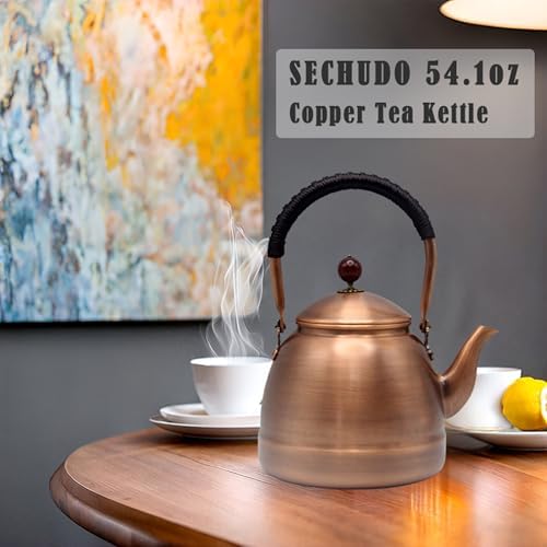54.1oz Copper Tea Kettle for Stovetop Safe, Chinese Style Non-Coating Real Pure Copper Teapot with Tea Ball for Loose Tea, Handmade Solid Tea Pot(1600ml) - Image 2