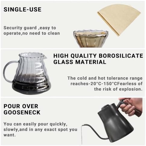 Pour Over Coffee Set, 3-in-1 Kit with 24oz Gooseneck Kettle with Thermometer, Glass Coffee Dripper, and Filters – Perfect for Home Office Camping, Gift Ready in Hand Bag – Beginner Friendly - Image 4