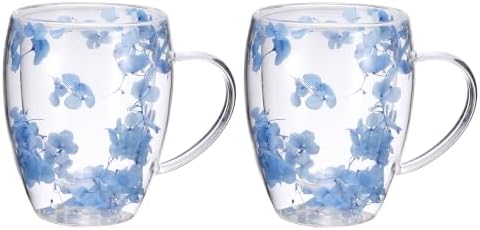 METALLIXITY Flowers Double Wall Glass Coffee Mugs 11.8oz Blue 2Pcs by METALLIXITY