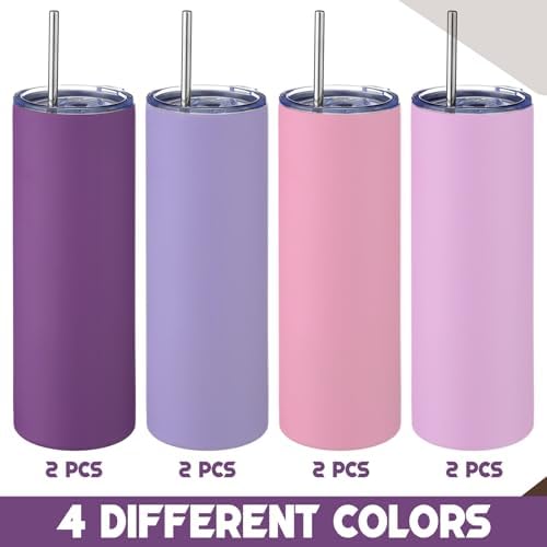 8 Pcs 20oz Insulated Stainless Steel Tumbler with Lid and Straw, Purple - Image 2