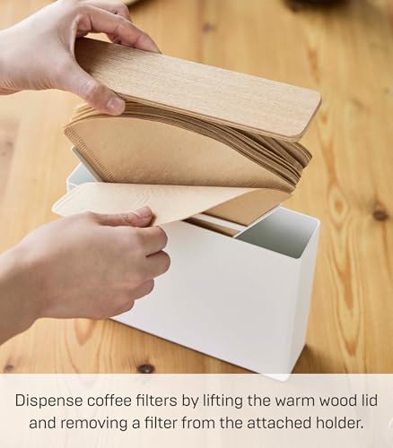 Yamazaki Home Wood Accent Coffee Pourover Filter Case with Lid - Storage Holder Stainless Steel Container Dispenser Steel + Wood White - Image 4