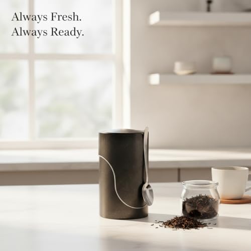 Food Storage Canister with Built-in Scoop, Round Tinplate Metal Jar for Loose Leaf Tea Organization, Black Finish - Image 2