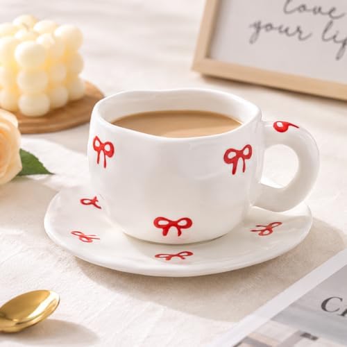 Ceramic Coffee Cup and Saucer Set, 10oz Cute Bow Handle Tea Cup, Hand-Painted Porcelain Mug for Latte, Cappuccino, Espresso, Office & Home, Ideal Gift for Women - Image 3