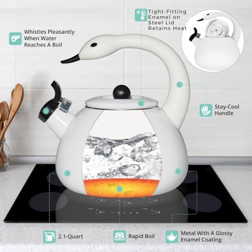Whistling Tea Kettle for Stove Top Enamel on Steel Teakettle, Supreme Housewares White Swan Design Teapot Water Kettle Cute Kitchen Accessories Teteras (2.1 Quart, Swan) - Image 3