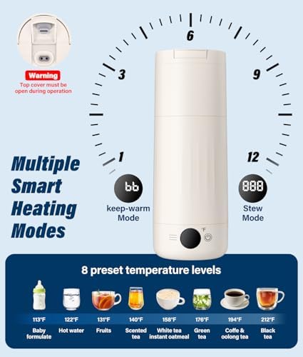 Portable Electric Kettle for Travel, 316 Stainless Steel Kettle, Hot Water Boiler with 2-In-1 Lid & Cup, 500ML Travel Tea Kettle with 8 Temperature Control, Auto Shut-Off & Boil Dry Protection (White) - Image 5