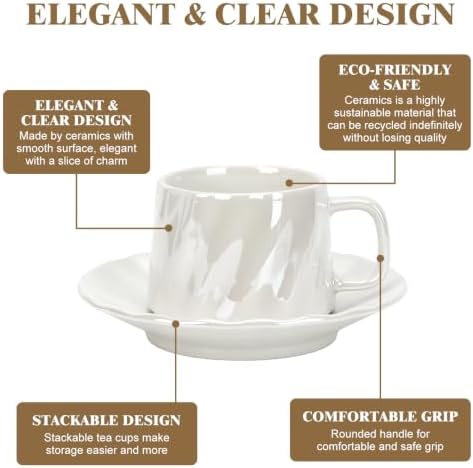 Coffee Cups with Saucers Set of 6, 6.8 oz (200 ml) Ribbed Pearl Ceramic Coffee Mugs, 6 Cups with Saucers and Spoons, Elegant White Coffee Cup Set for Espresso, Cappuccino, Latte, Home and Office - Image 3
