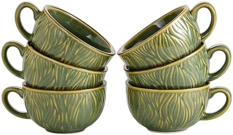 Coffeezone Set of 6 Vintage Design 12 oz Professional Barista Ceramic Latte Art Cappuccino Cups Set (Wave Green) by Coffeezone