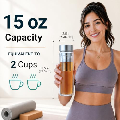 Farasi Glass Tea Infuser Bottle Tumbler 15oz with Infuser and Sleeve (Teal) - Image 2
