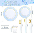 WDF 150pieces Baby Blue Plastic Plates with Gold Rim - Disposable Gold Plastic Silverware With Blue Handle-Baroque Light Blue&Gold Disposable Plates Dinnerware for Wedding/Party/Baby Shower - Image 2