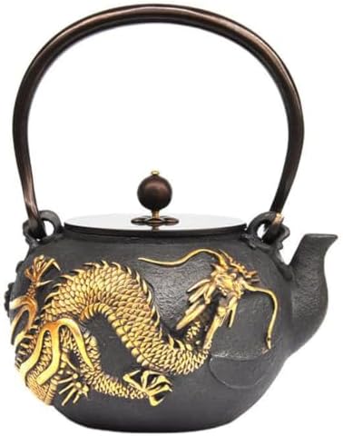 Golden Cast Iron Teapot Without Coating Japanese Style Tetsubin Tea Kettle with Infuser Iron Tea Gift for Adult Father Mother Family,Coiled Dragon,1.2L by XHPBCG