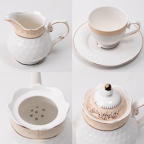 Sweejar 21 Pieces Porcelain Tea Set, Vintage Gold Trimmed Teapot Cup and Saucer Set, Tea Cup for Loose Tea, Sugar Bowl and Creamer Pitcher with Spoons, Service for 6(Classic Gold) - Image 5