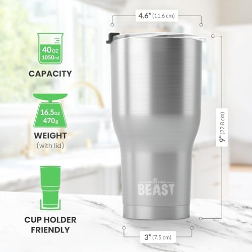 Beast 40 oz Tumbler Stainless Steel Vacuum Insulated Coffee Ice Cup Double Wall Travel Flask (Stainless Steel) - Image 6