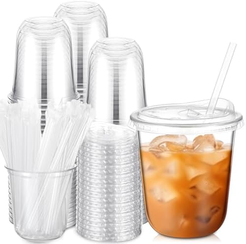 Ziliny 100 Pack 12 Oz Clear Plastic Cups with Lids and Straws, Iced Coffee by Ziliny