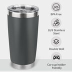 20oz Stainless Steel Tumbler Bulk with Lid, Travel Mug - Double Wall Vacuum Powder Coated Cup - Grey, 12 Pack - Image 3