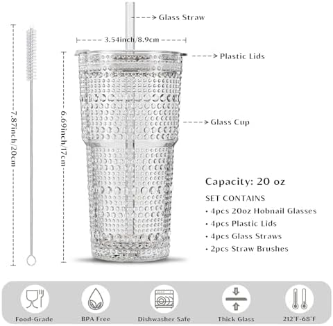 INSETLAN 20 oz Hobnail Glass Cups with Lids and Glass Straws – 4 Pieces, Thick-Walled Glass Tumblers for Iced Coffee, Smoothies, Milk, Water, Juice, and More – Elegant and Durable Drinking Glasses - Image 3