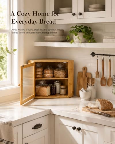 Corner Bread Box, 2 Tier Bamboo Bread Storage for Kitchen Countertop - Image 2
