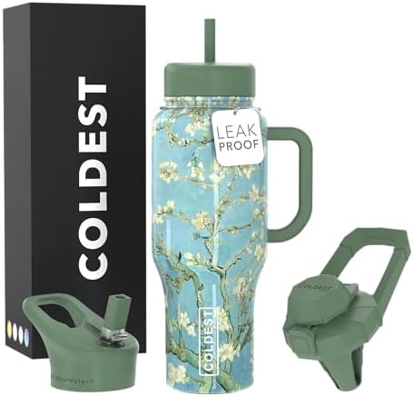 Coldest Tumbler with Handle and Straw - 100% Spill Proof Tumbler with Straw (3 Lids) - Stainless Steel Insulated Leakproof Tumblers for Women & Men - 36 oz (Almond Blossom) by Coldest