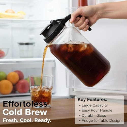 Cold Brew Coffee Maker with Stainless Steel Filter, Pour Spout Handle Lid, LeakProof Heavy Duty Glass Pitcher for Iced Coffee,Lemonade,Ice Tea & Fruit Drinks - Image 6
