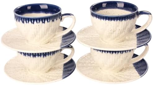 Coffee Mugs Set, 6.8 oz, Ceramic Tea Cup with saucer, Espresso Cups 8-piece, Stackable Cups, for Latte,Hot Tea,Cappuccino, Mocha, Cocoa, dishwasher & microwave safe, Blue border by Jinsongdafa