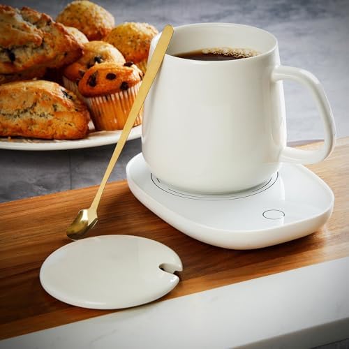 Warm & Cozy Mug Warmer Set - 14 oz White Ceramic Coffee Cup with Lid and Electric Mug Warmer by HomeWetBar