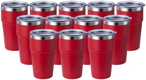 MEWAY 16oz Tumbler Double Wall Vacuum Insulated Travel Mug Bulk, Stainless Steel Tumblers with Lid, Powder Coated Coffee Cups for Cold & Hot Drinks (Red,12 Pack) by MEWAY