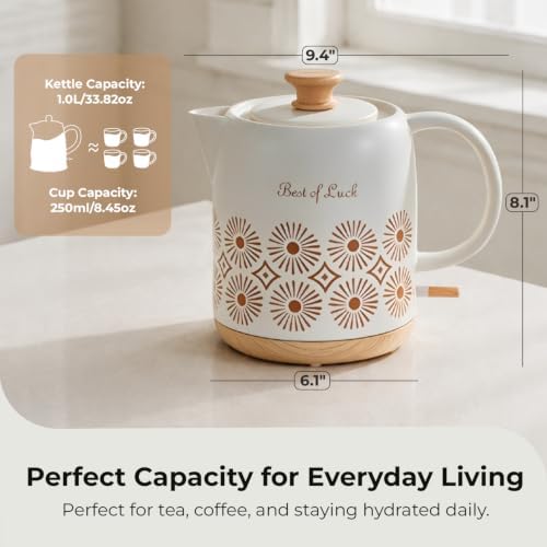 Ceramic Electric Kettle, 1L Vintage Floral Tea Kettle, 1000W Cordless Water Boiler with Auto Shut-Off & Boil-Dry Protection, BPA-Free, 360° Base, Gift for Tea and Coffee Lovers - Image 4