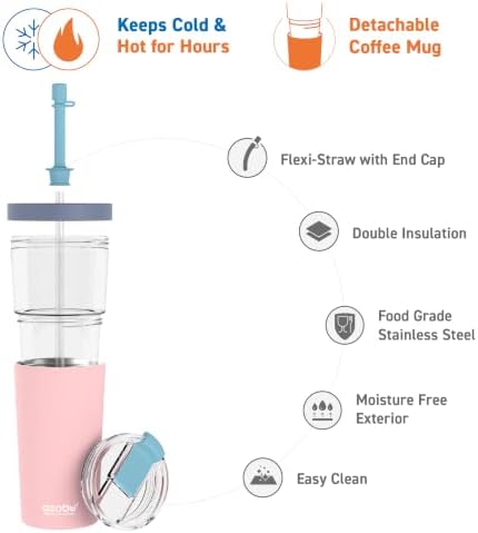 asobu ClearInsulation Straw Tumbler Marina a Tritan 28 oz Tumbler with 17 Oz Stainless Steel Insulated Sleeve for Ice Coffee or Hot Tea with a Flexi Straw Spill Proof Lid and a Flip Open Lid,Pink - Image 3
