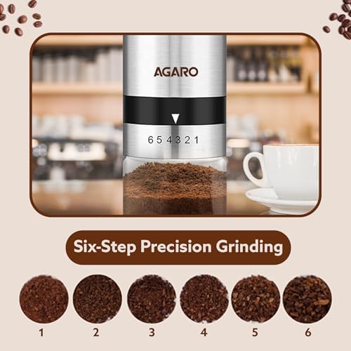 AGARO Elite Manual Coffee Grinder, Ceramic Grinder with Glass jar, 6 Adjustable Settings, Stainless Steel Body, Tooth Handle, No Power, Whole Bean, Drip Coffee, Espresso, Silver - Image 4